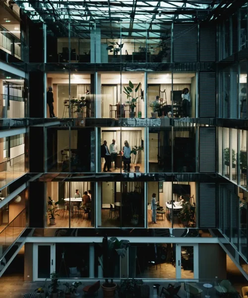 Modern office building by night in Paris, France